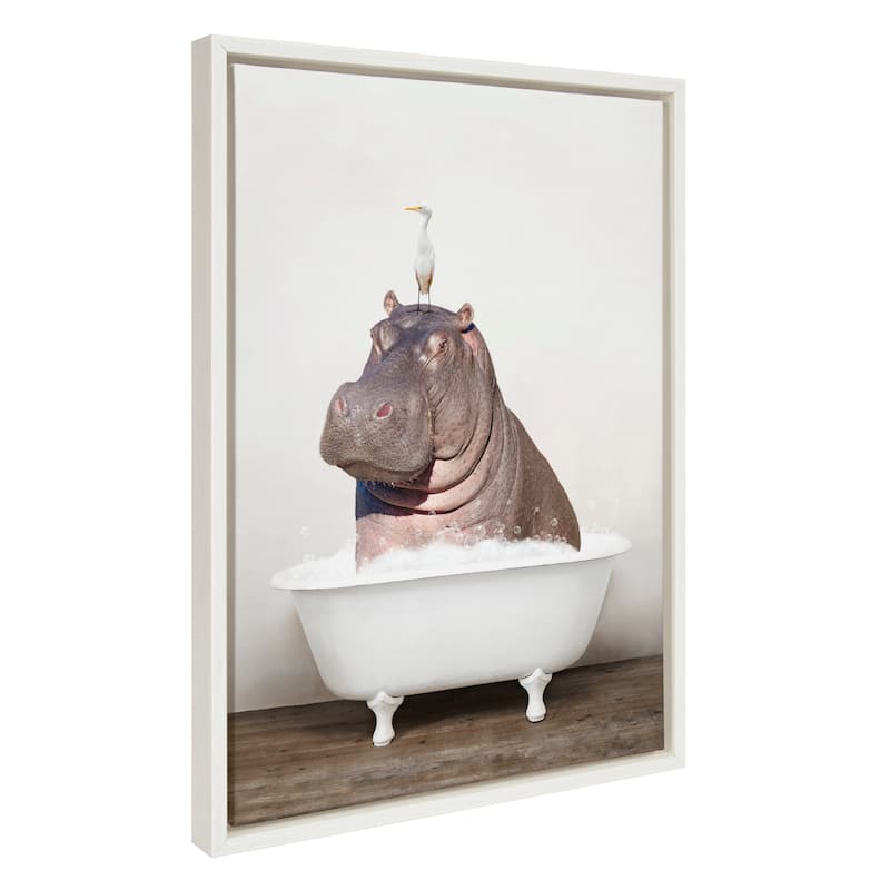 Kate and Laurel Hippo Bird Rustic Bath Framed Canvas by Amy Peterson - White
