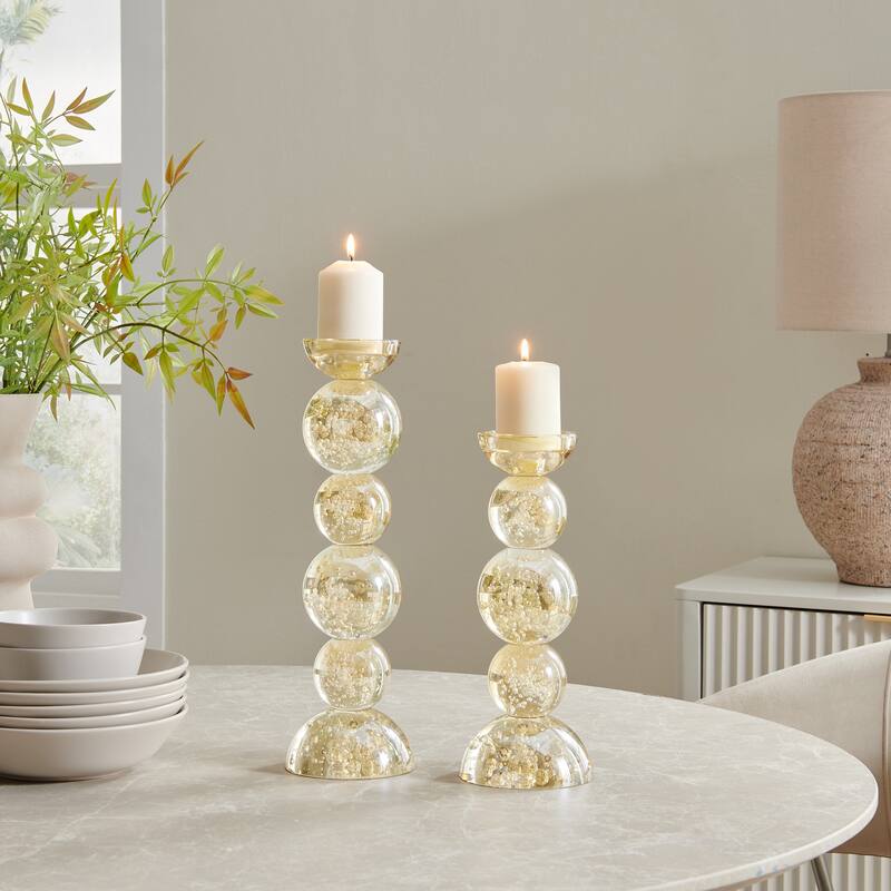 Bubble Glass Orb Pillar Candle Holders - 15.25" - Champagne Gold - Set of 2