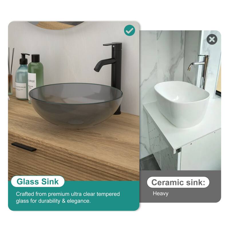 16 Inch Tempered Glass Bathroom Sink in Grey with Pop-up Drain