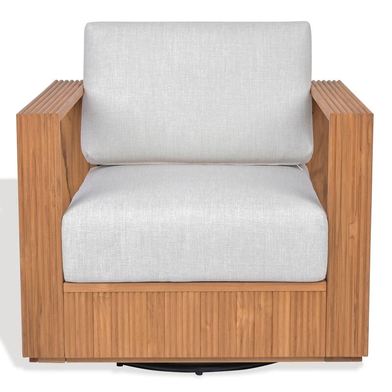 SAFAVIEH Couture Saint Lucia Reeded Teak Wood Swivel Patio Chair - 32"W x 30"D x 24"H