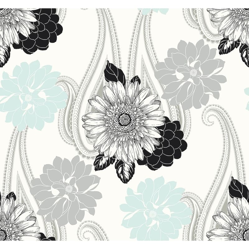 Seabrook Designs Britton Floral Paisley Unpasted Wallpaper - 27 in. W x 27 ft. L - Tiffany Blue & Metallic Silver