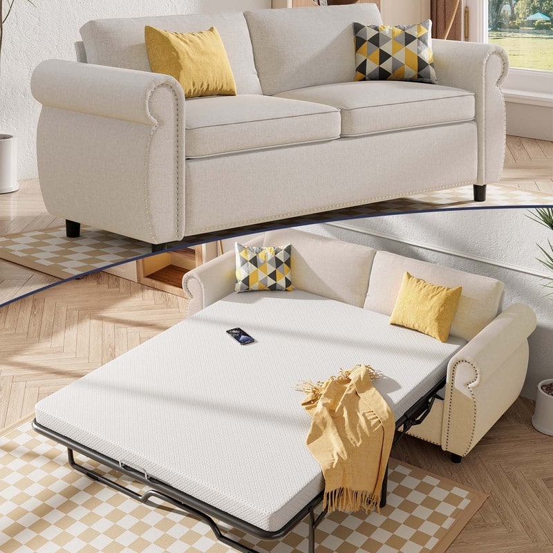 Mixoy Full/Queen Size Pull Out 2 in 1 Sleeper Sofa Bed with Mattress,Convertible Upholstered Loveseat with Nailhead - Queen Size - Beige