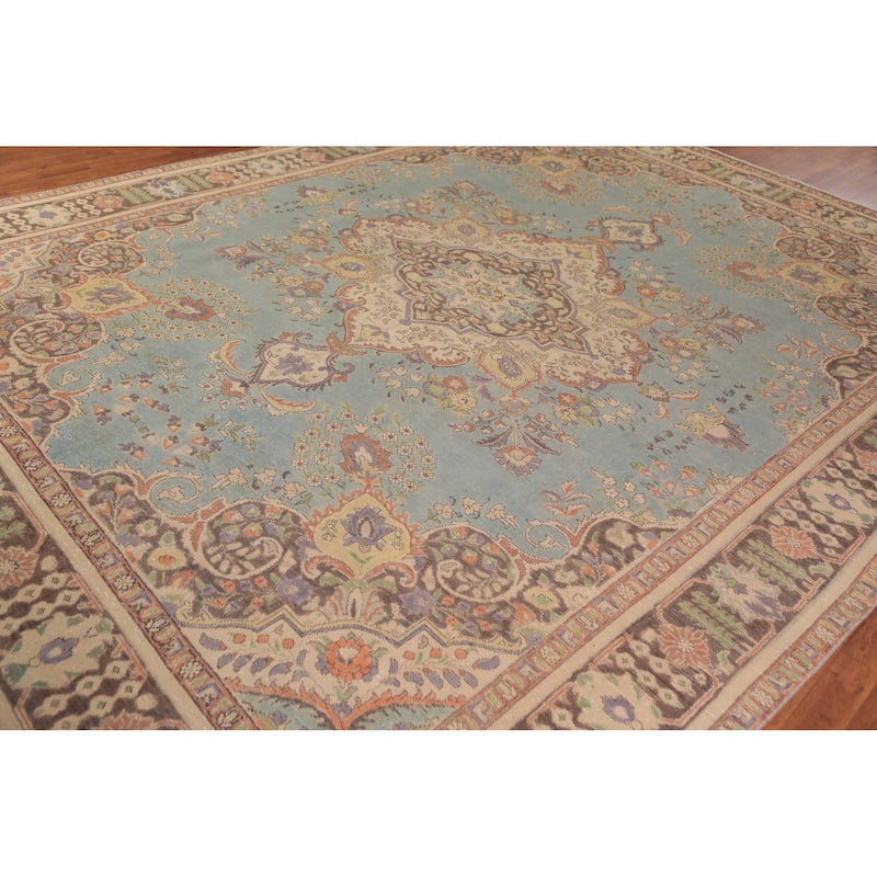 Light Blue Medallion Tabriz Persian Rug Handmade Wool Carpet - 9'7"x 12'10"