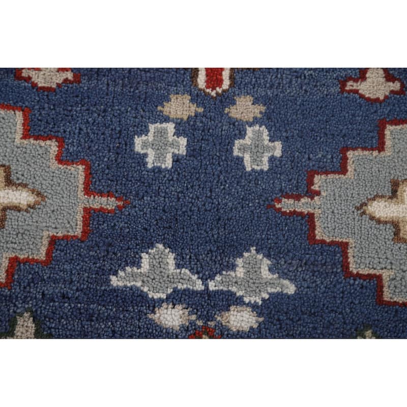 Blue Geometric Kazak Oriental Area Rug Handmade Wool Carpet - 7'10" x 9'9"