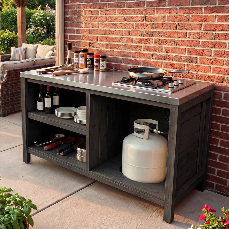 Modular Outdoor Kitchen Island Set, 100% Solid Wood BBQ Cabinet , Patio Kitchen Bar Table