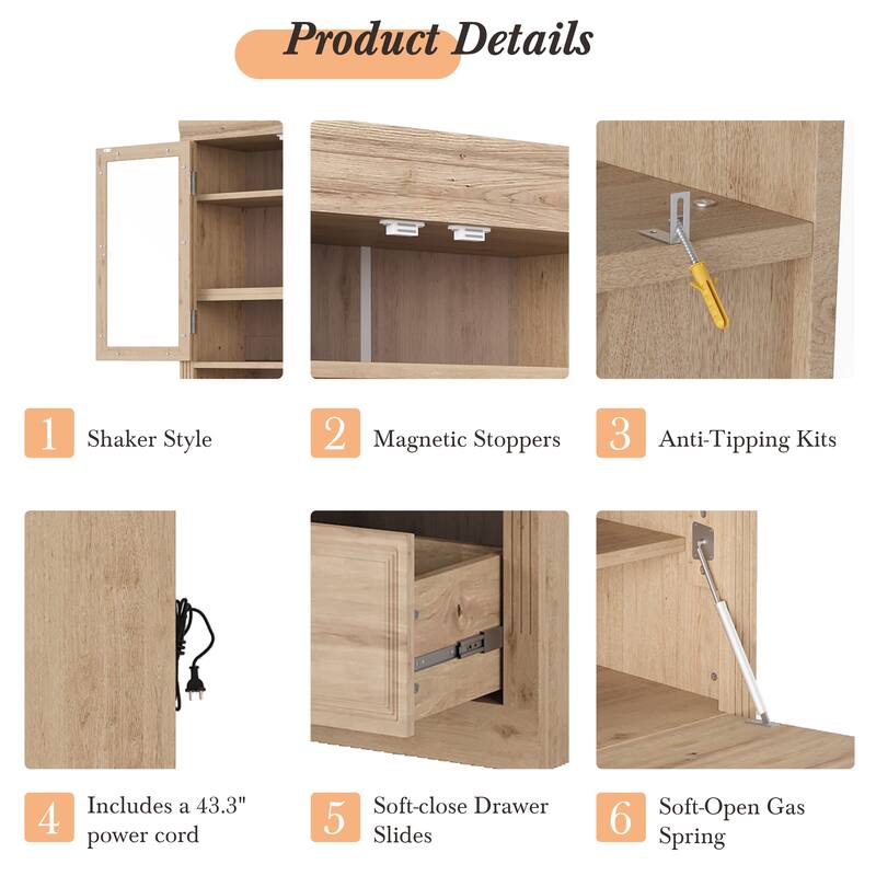 78" Freestanding Kitchen Pantry Cabinet with 3 Drawers, Glass Doors, Adjustable Shelves and Built-In Power Outlet