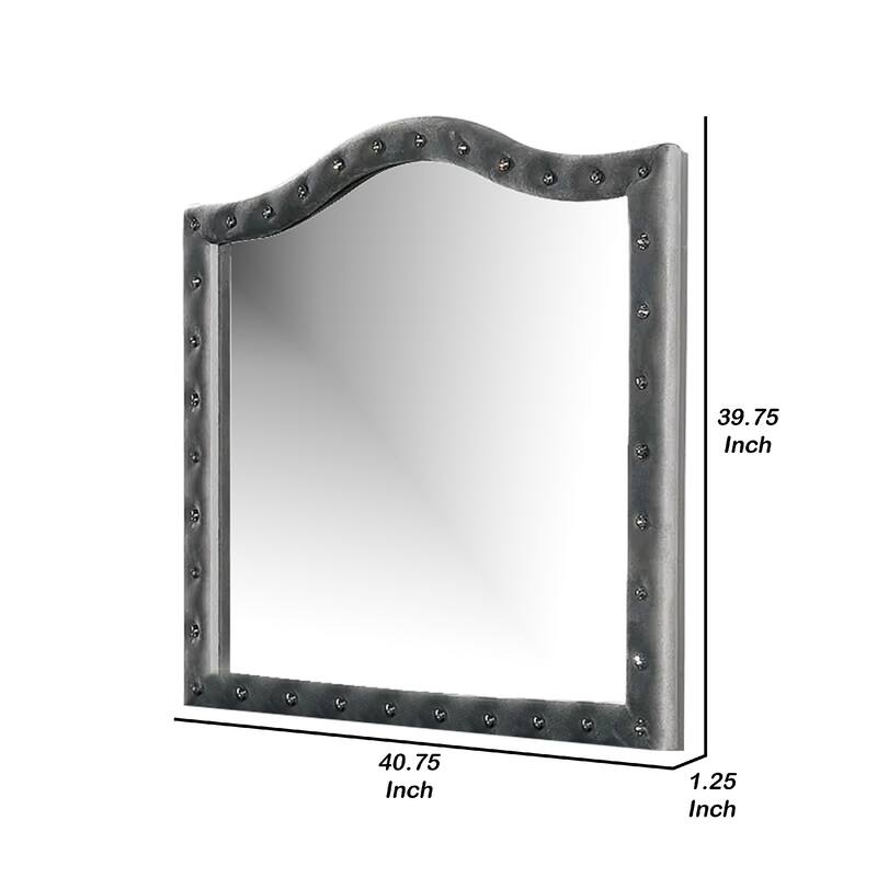 Rea Dresser Vanity Mirror, Crystal Tufted Gray Velvet Upholstery Arched Frame