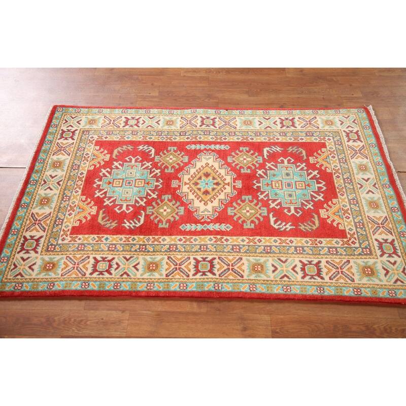 Kazak Rug Hand-Knotted Geometric Red Wool Carpet - 3'3"x 4'10"