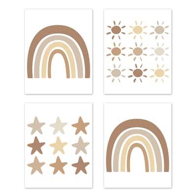 Boho Rainbow Collection Wall Decor Art Prints (Set of 4) - Taupe Brown Ivory Yellow Tan Bohemian Star Sun Gender Neutral Vintage