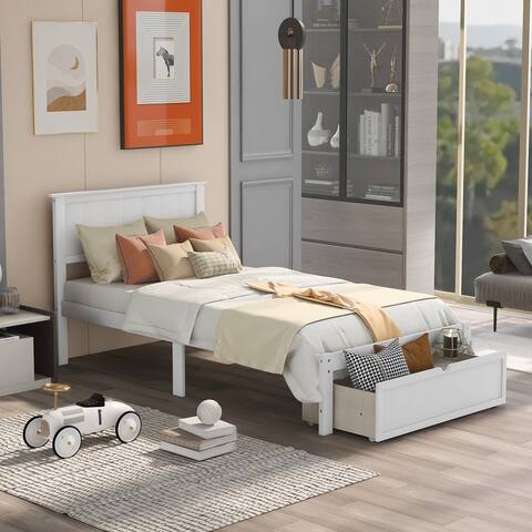 Nordic Simple Twin Wood Platform Bed with Under-bed Storage Drawer and Headboard, Slats include&No Box Spring Needed