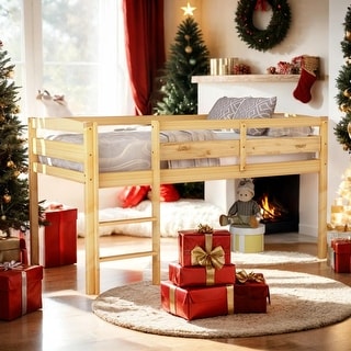 Contemporary Design Twin Wood Low Loft Beds with Ladder, Solid Construction & Versatility Galore, Maximized Space, Walnut