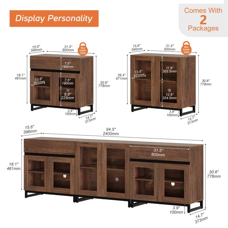 WAMPAT 3 in 1 Modern Sideboard with Adjustable Shelves and 2 Drawers, Coffee Bar Cabinet for Living Room, Kitchen