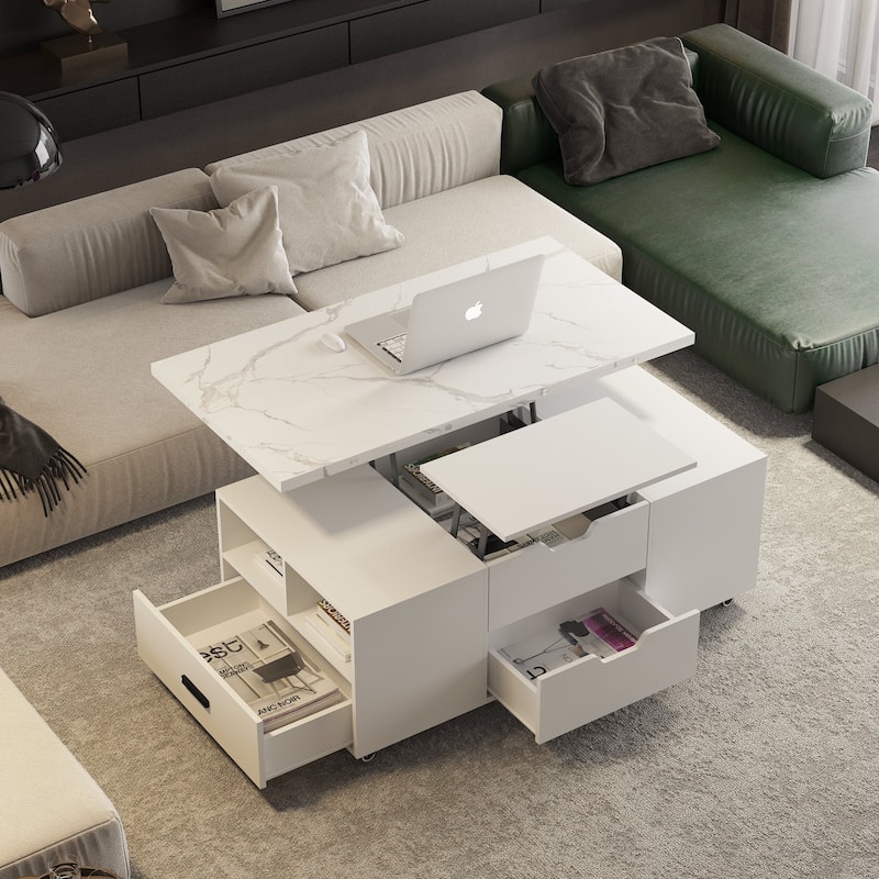 Modern Lift-Up Coffee Table with 2 Stools Set for Living Room Expandable Hidden Storage + Drawers Space Saving Folding Table