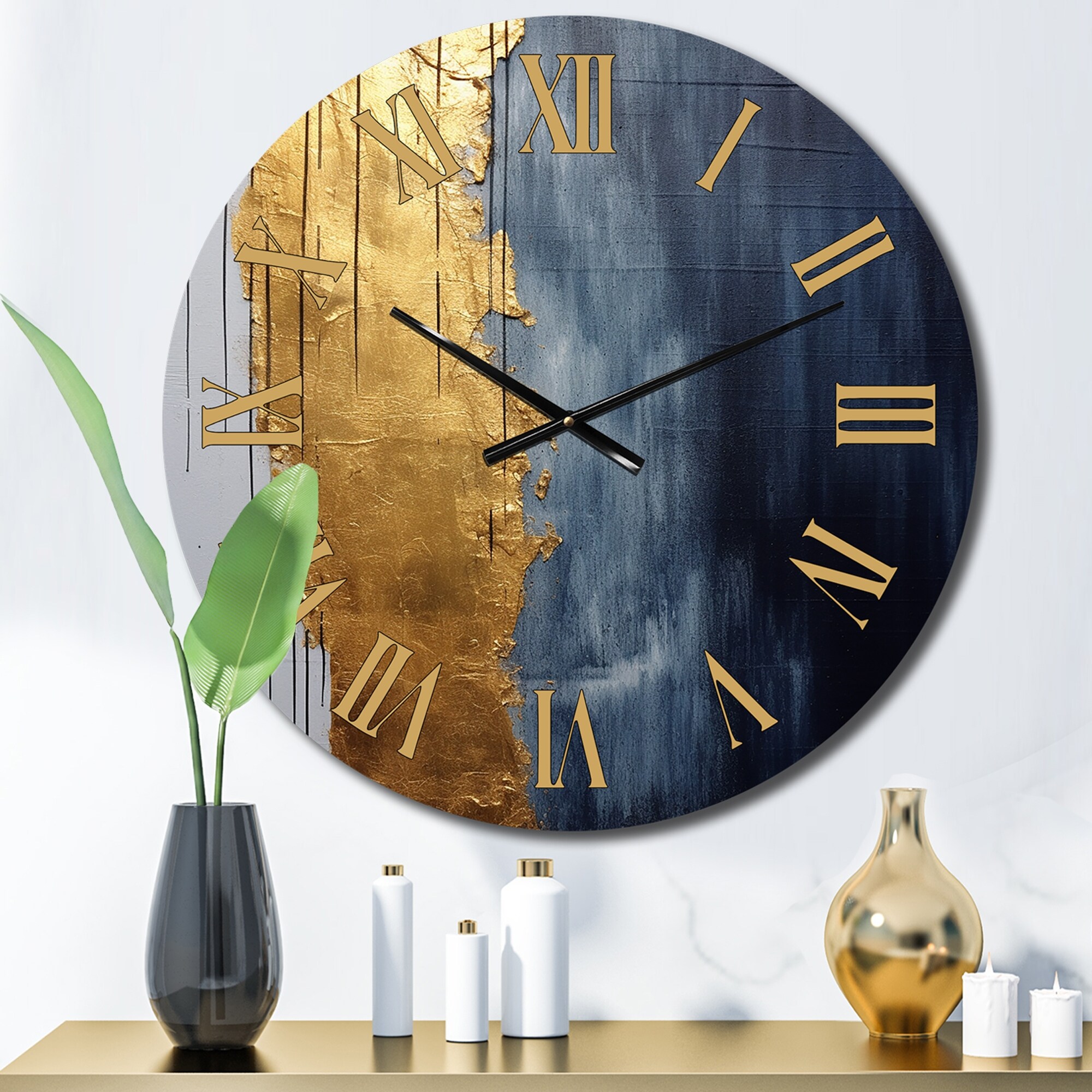 Designart "A Touch Of Gold And Kings Blue III" Abstract Painting Oversized Wall Clock