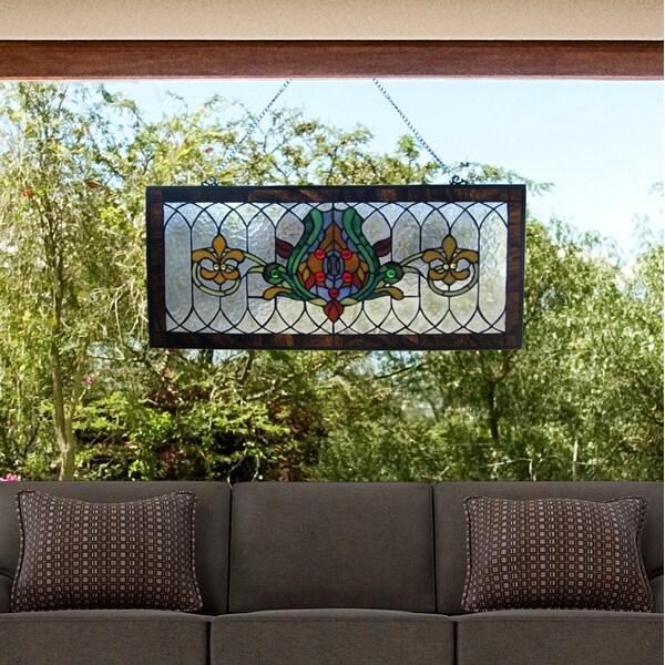 River of Goods Fleur De Lis Stained Glass Pub Window Panel - 30"L x 0.25"W x 14"H