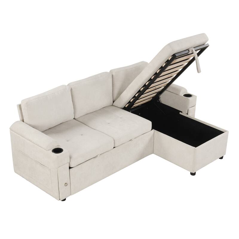 L-Shaped Convertible Sofa Bed with Reversible Chaise Lounge, Chenille Fabric Sectional Sofa with 2 Cup Holders & 2 USB Ports