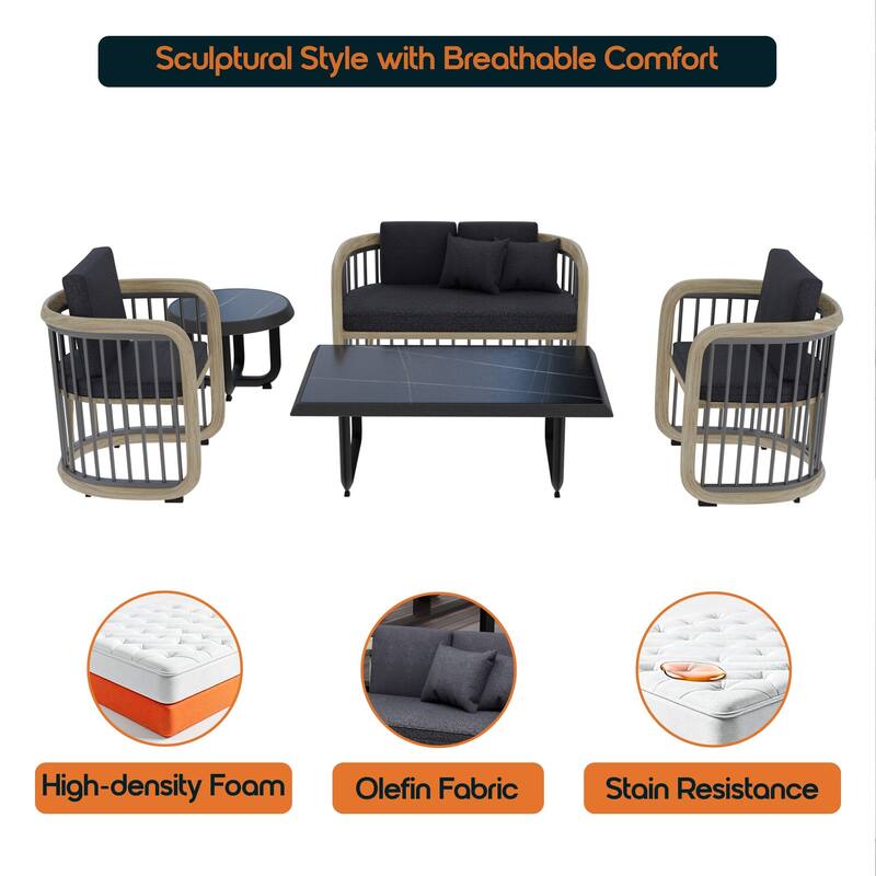 Klyra 5-Piece Outdoor Patio Conversation Set in Aluminum with a Rectangular Coffee Table , End Table and Olefin Fabric Cushions