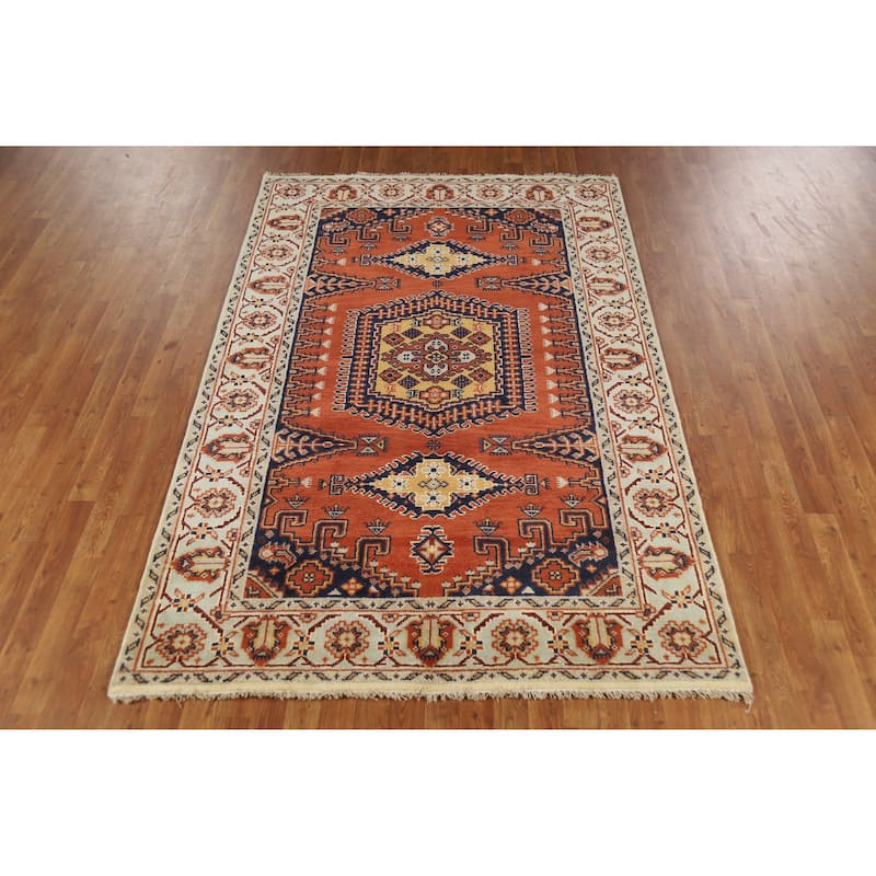 Orange Geometric Viss Indian Area Rug Handmade Wool Carpet - 5'2" x 8'0"