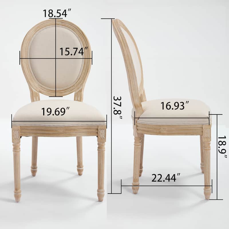 Anmytek French Style Oval Back Dining Chairs Set of 2 Solid Wood Frame Linen Upholstered Beige