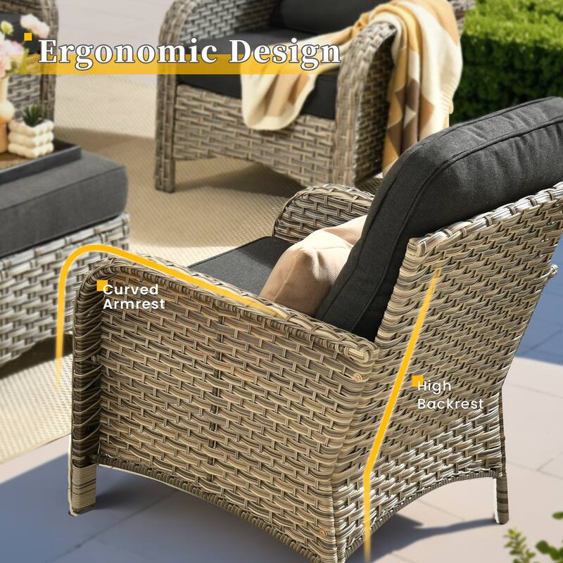 HOOOWOOO 9-piece Outdoor Wicker Patio Furniture Swivel Rocking Chair Set with Fire Pit