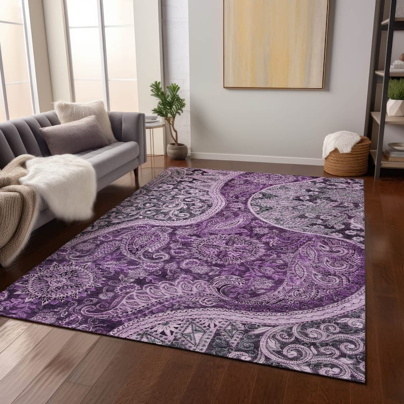 Machine Washable Indoor/ Outdoor Modern Paisley Chantille Rug