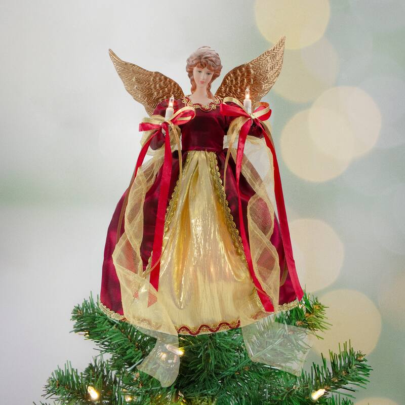 13.5" Lighted Red and Gold Angel with Wings Christmas Tree Topper - Clear Lights - 13.5