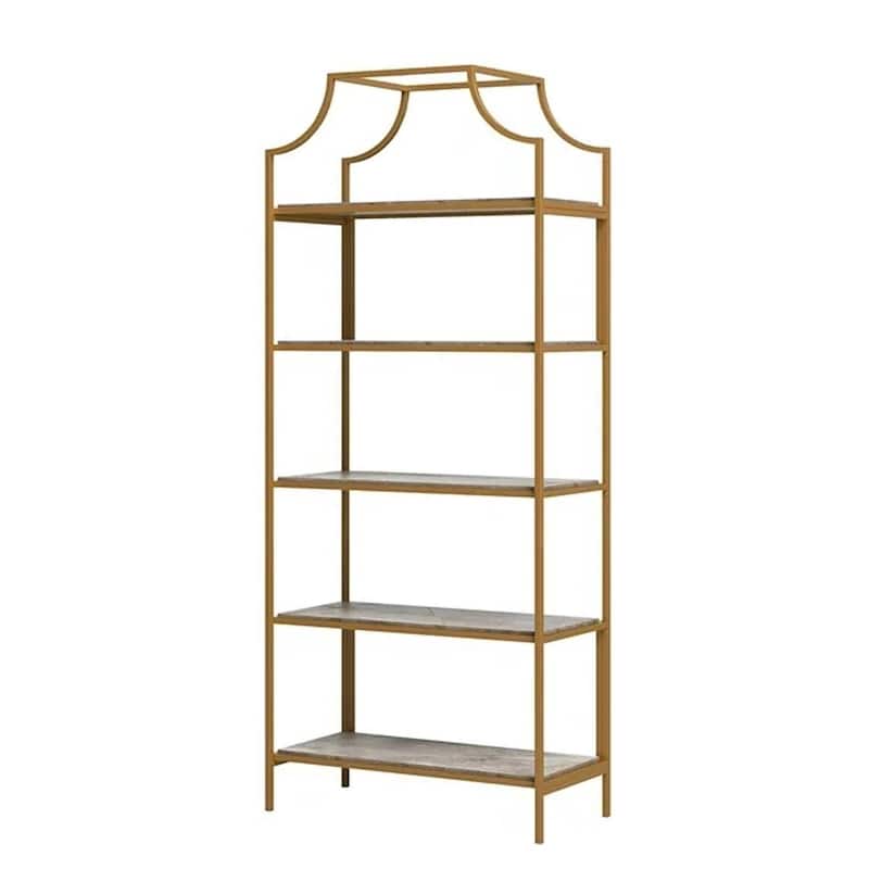 Metal Etagere Bookcase with 5 Safety Tempered Glass Shelves Freestanding Display Rack for Living Room Bedroom Office - Gold