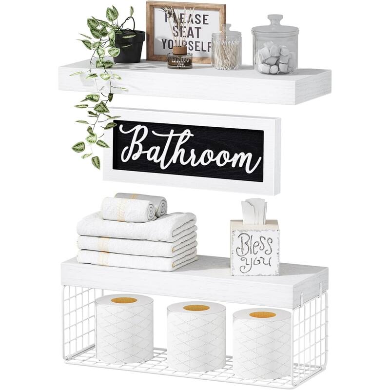 Toilet Bathroom Shelves - Paper Storage Wall Mount, Small Floating Shelves 2+1 Set - White