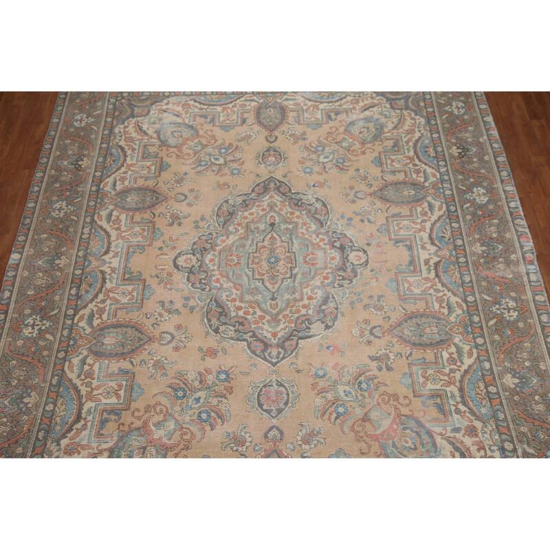 Hand Knotted Oriental 100% Wool Carpet Traditional Medallion Peach Tabriz Area Rug - 12' 8'' X 9' 8''