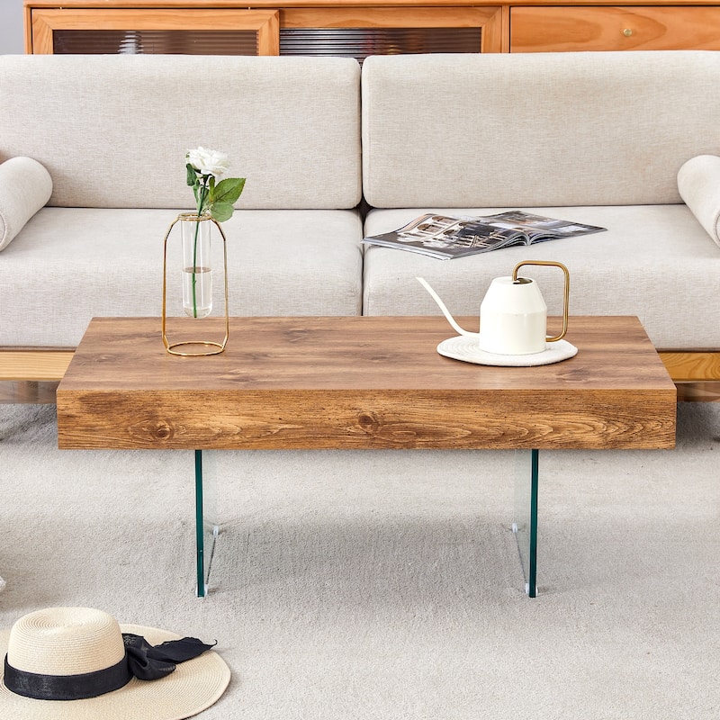 Roomfitters Square MDF Coffee Table with Tempered Glass Legs, 31.5"x31.5" Natural Style Center Table