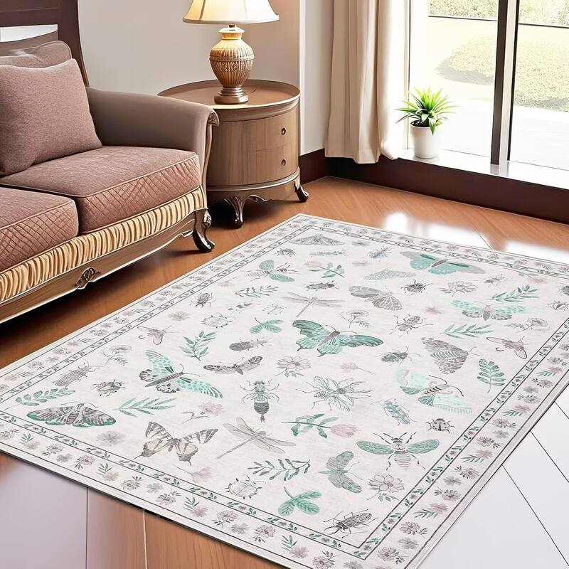Floral Insect Print Washable Area Rugs for Living Room, Modern Non Slip Low Pile Area Rug - 5'x7' - Beige