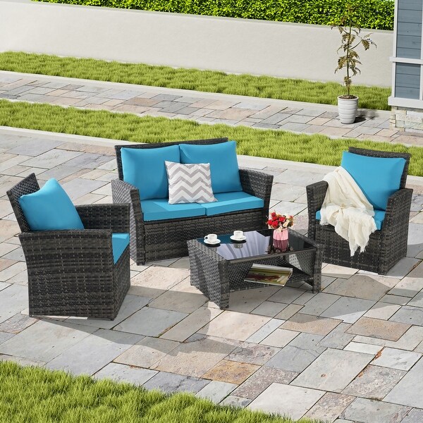 4 Pieces Outdoor Patio Furniture Sets Garden Rattan Chair Wicker
