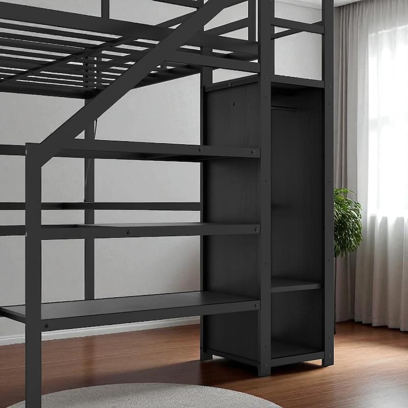 Twin XL/Full XL Metal Loft Bed with L-Shaped Desk, USB, LED Lights, Wardrobe & Storage Stairs for Kids/Teens/Adults