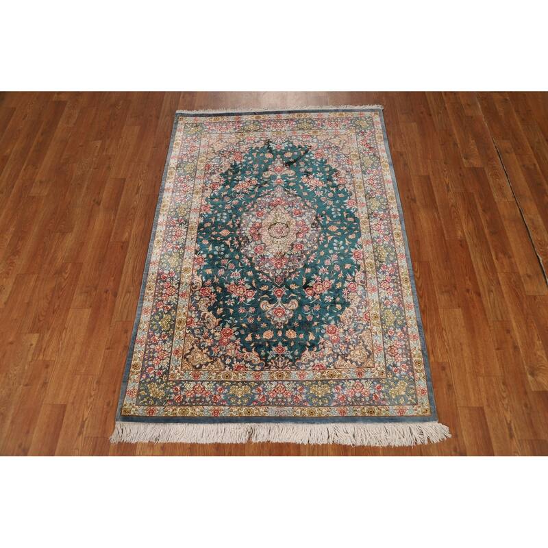 Floral Qum Persian Accent Rug Hand-Knotted Traditional Silk Carpet - 3'5"x 4'10"