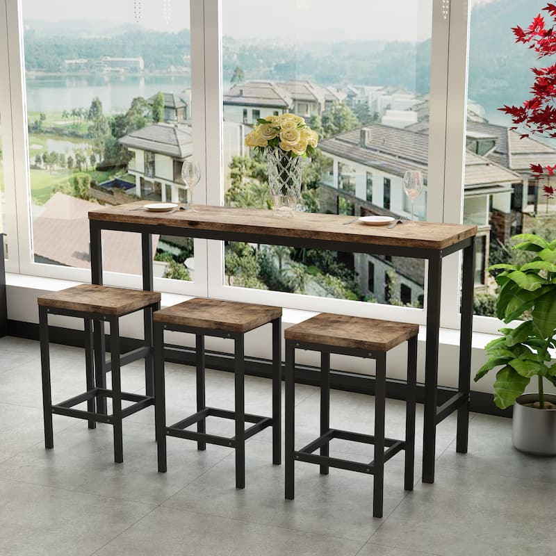 Long Dining Table Set with 3 Stools Pub Kitchen Set Side Table with Footrest