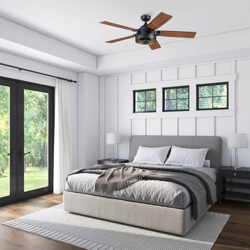 52" Prominence Home Octavia Matte Black Industrial Style LED Ceiling Fan with Light, Remote Control