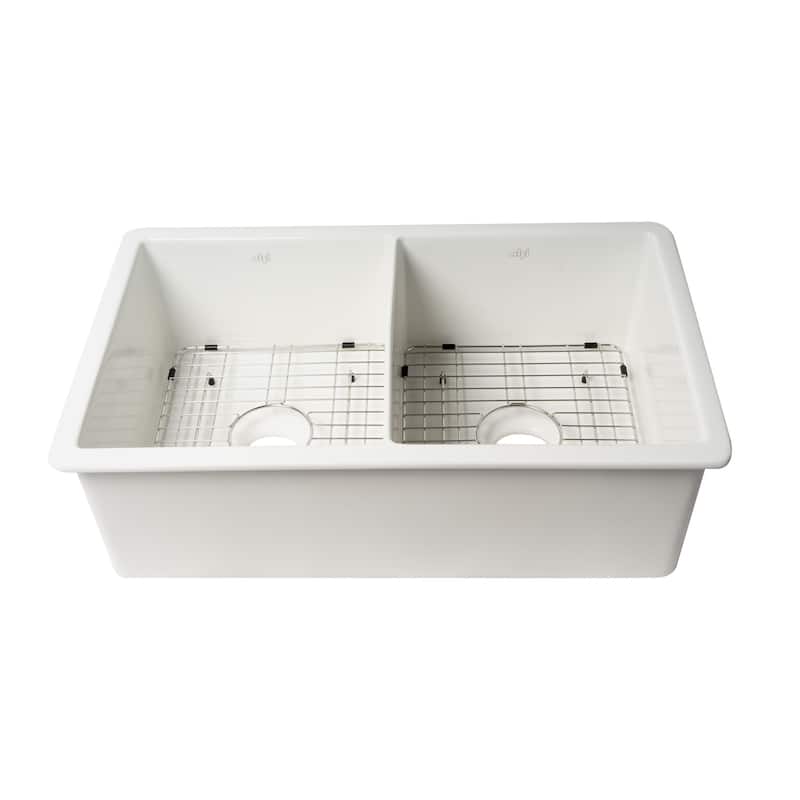 ALFI brand ABF3219DUD-W White 32" x 19" Double Bowl Fireclay Undermount / Drop In Fireclay Kitchen Sink