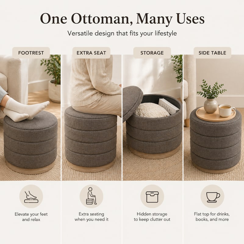 Aria Home Modern Cylinder Ottoman with Hidden Storage Upholstery Seat
