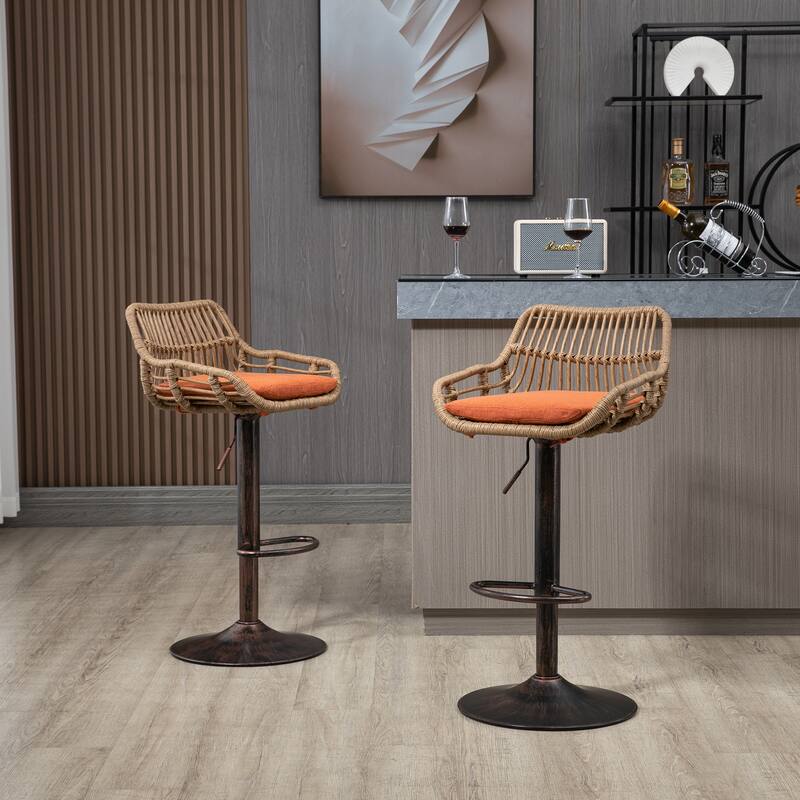 360° Swivel Bar Stools Set of 2, Adjustable Counter Height Chairs with Footrest, Rattan Bar Chairs with Cushions