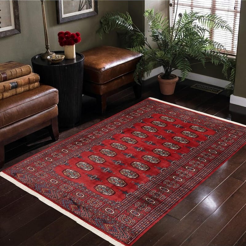 Rustic Bokhara Paola Red Blue Hand Knotted Rug - 4'1'' x 6'0''