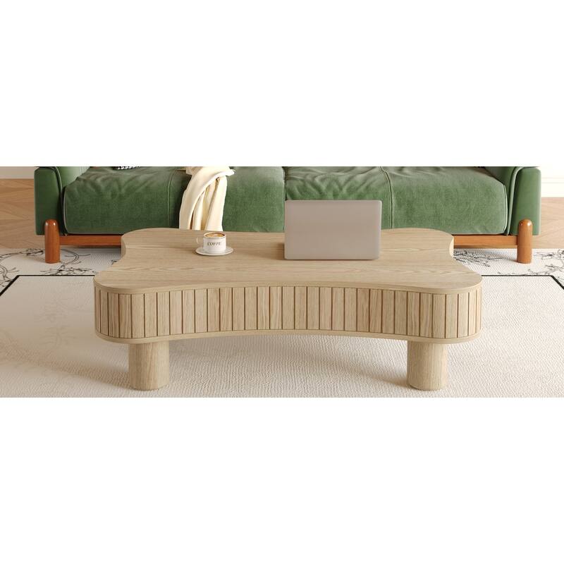 Lift Top Coffee Table for Living Room 42" Fluted Panel Hidden Storage, Silent Hydraulic Lift, Curved Safety Corners,Natural Wood