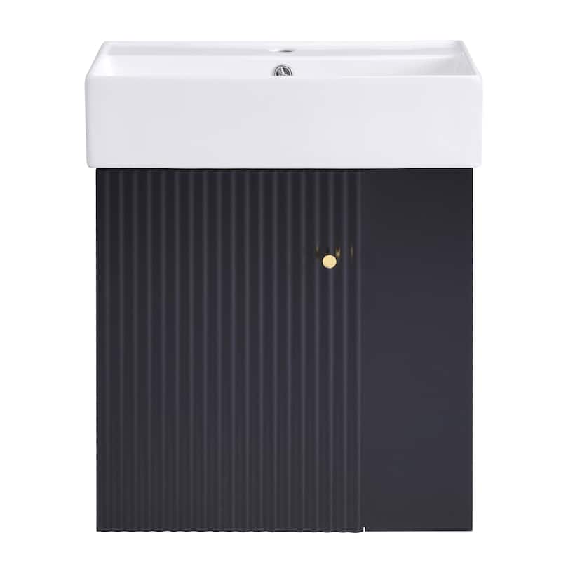 Floating Bathroom Vanity with Ceramic Sink, Wall Mounted Bathroom Vanity, Bathroom Cabinet with Door & Right Side Shelf