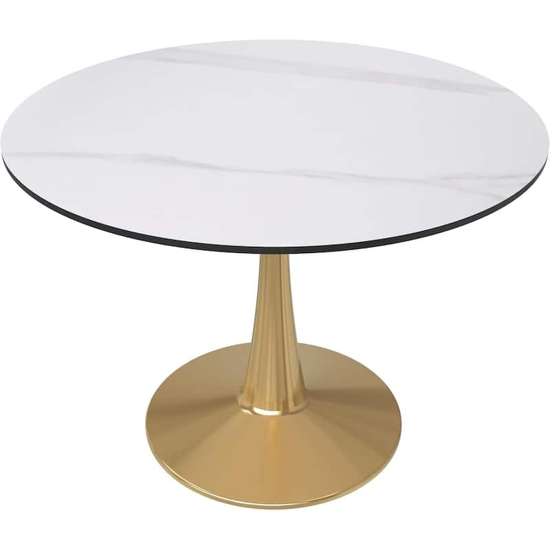 Bristol 40" Modern Round Dining Table with Accent Gold Steel Pedestal Base, Scratch-Resistant and Easy-Care - Stone - White