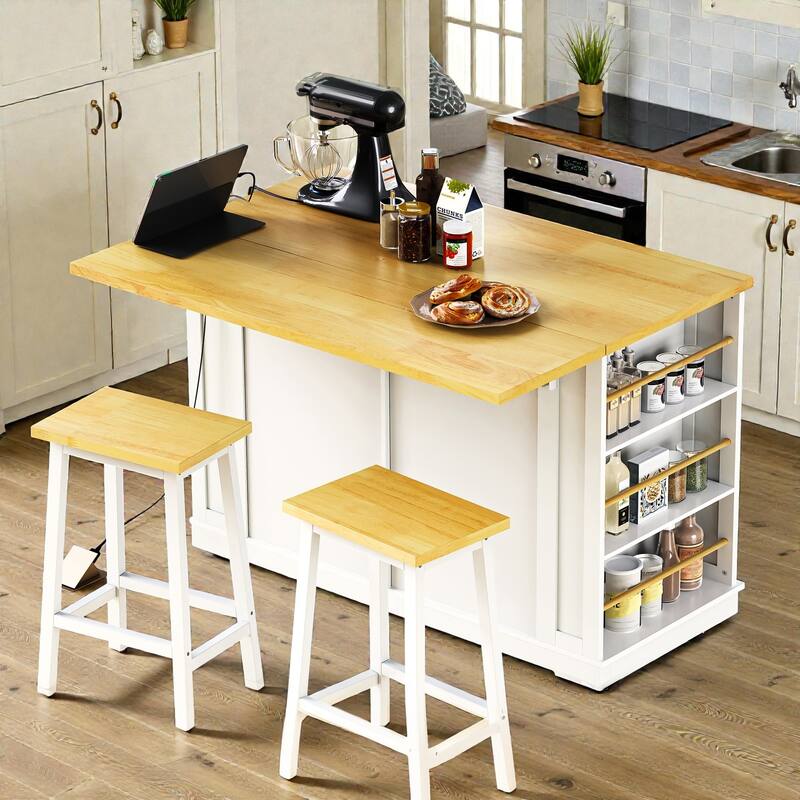 48" Kitchen Island with 2 Bar Stools, Power Outlet, Drop Leaf, Storage Cart on Wheels with Drawers