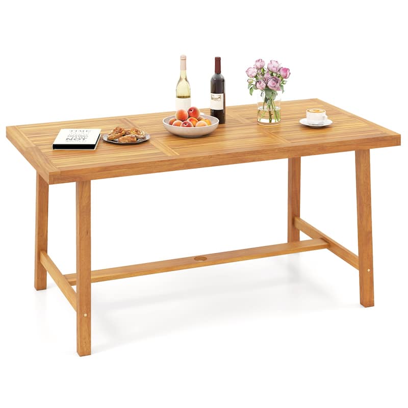 Natural Acacia Wood Rectangular Outdoor Dining Table with Umbrella Hole for 6-Seater - 63" x 32" x 30"(L x W x H)