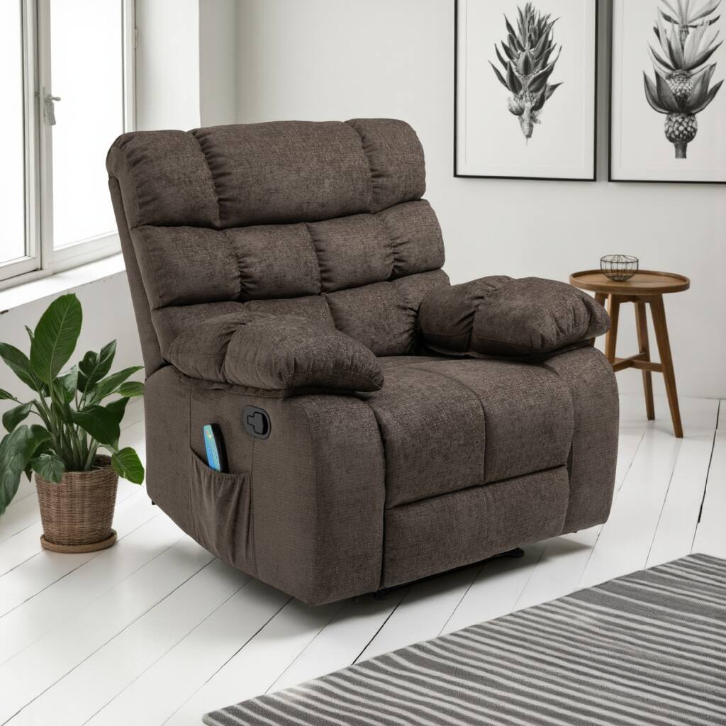 Zoi Power Recliner Chair, 5 Massage Modes, Pillow Tufted Brown Fabric