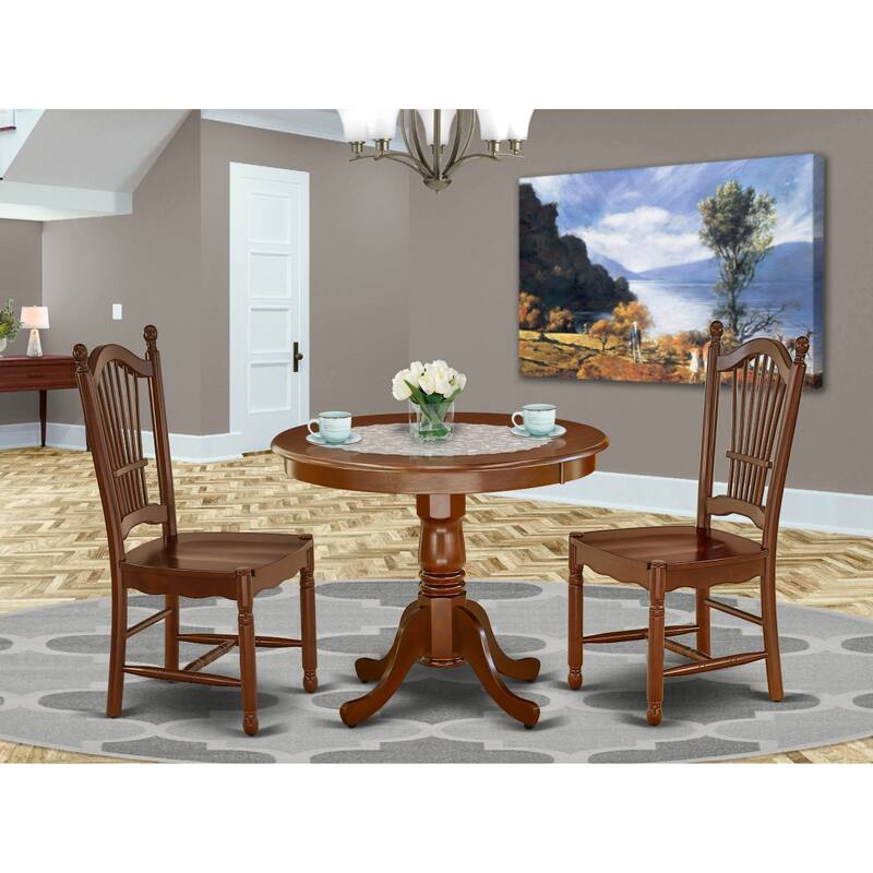 East West Furniture Dining Set Contains a Round Dining Room Table with Pedestal and Wood Seat Chairs, Mahogany(Pieces Options) - ANDO3-MAH-W