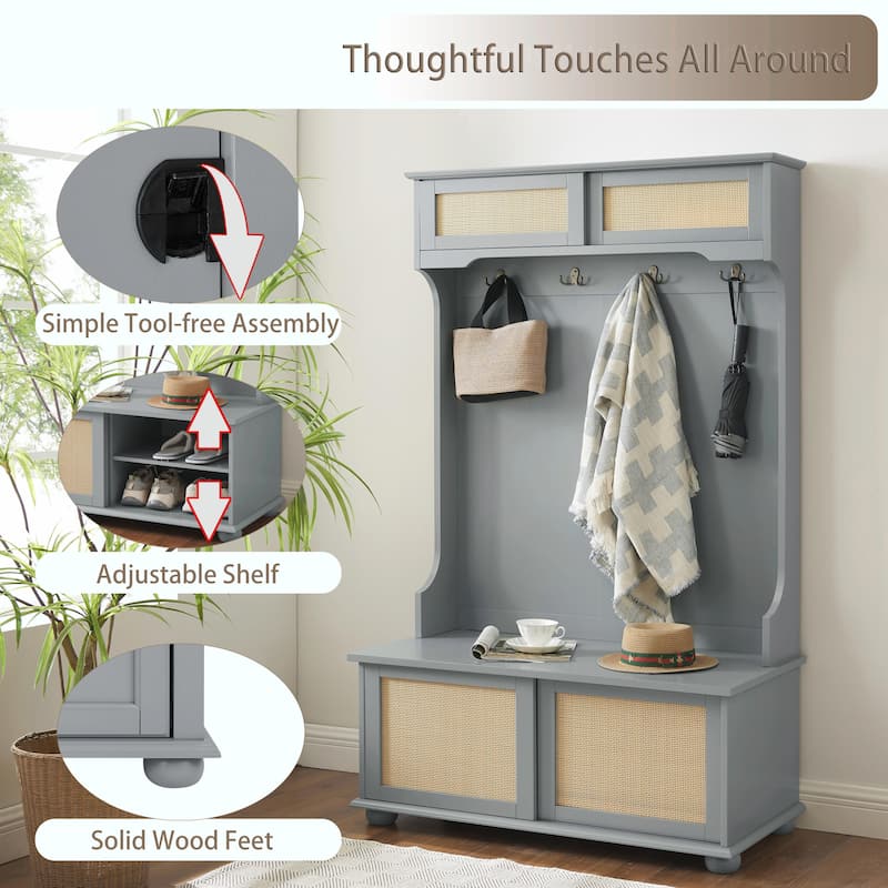 Casual Style Hall Tree Entryway Bench with Rattan Door Shelves and Shoe Cabinets