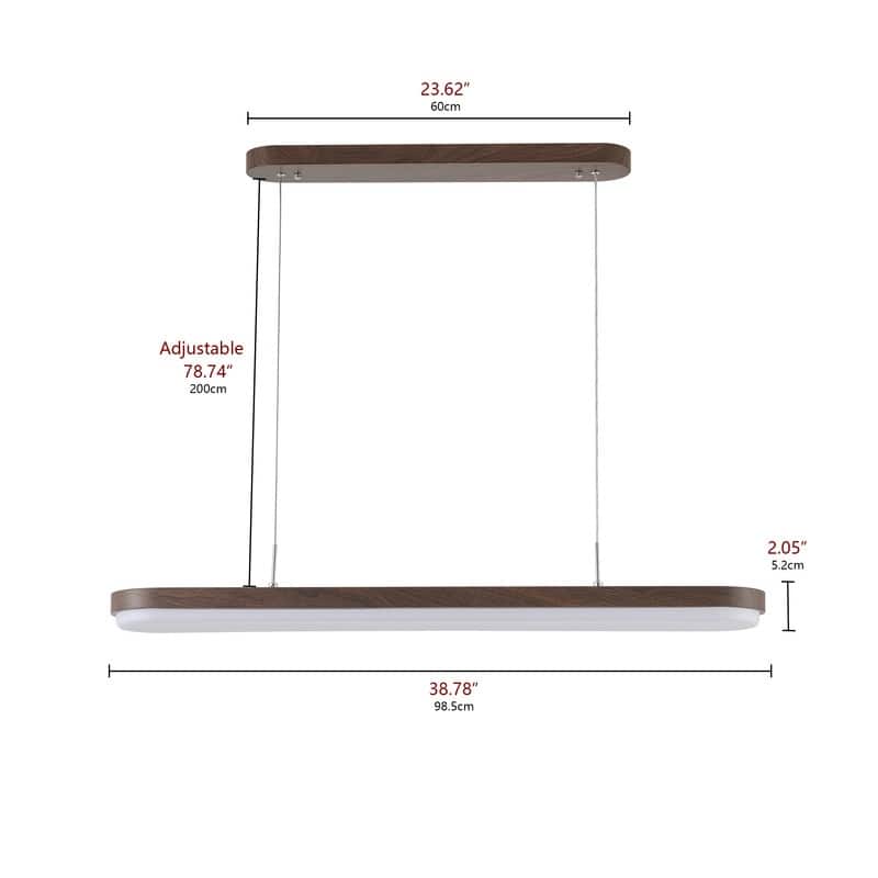 Modern Linear Pendant Light 38.5 Inch Walnut Wood Grain Iron Fixture with Milky White PVC Shade