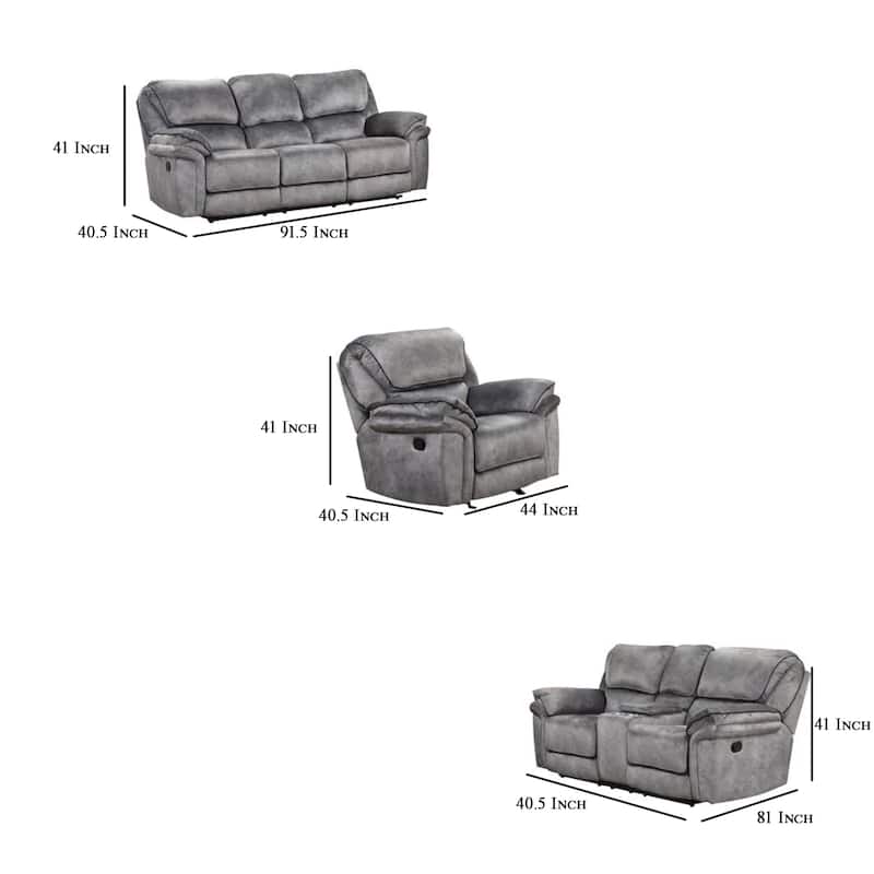 Arisa 3pc Sofa, Loveseat, Chair Manual Recliner Set, Gray Faux Leather